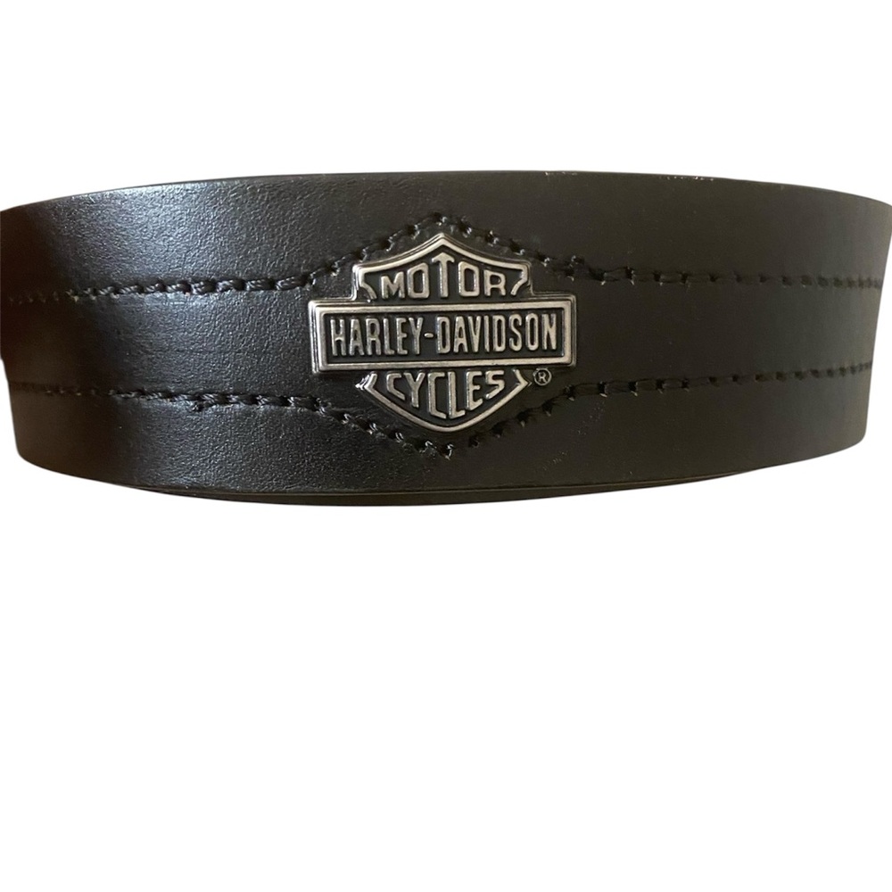 Harley-Davidson Black Leather Belt with Silver Logo Emblem cut to a sz 38
